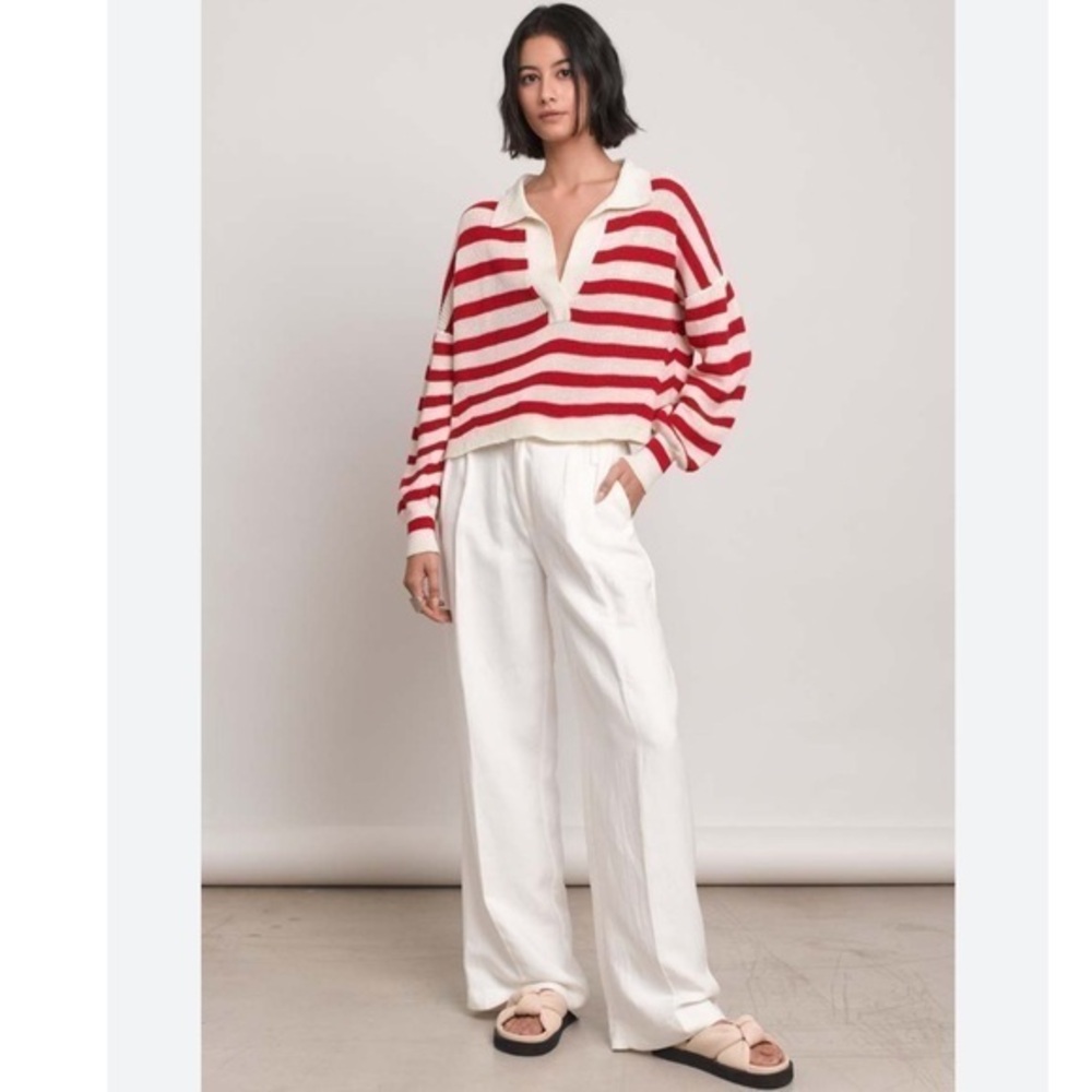Eleven Six Sweater Aria Collar Polo in Striped Cream Red
